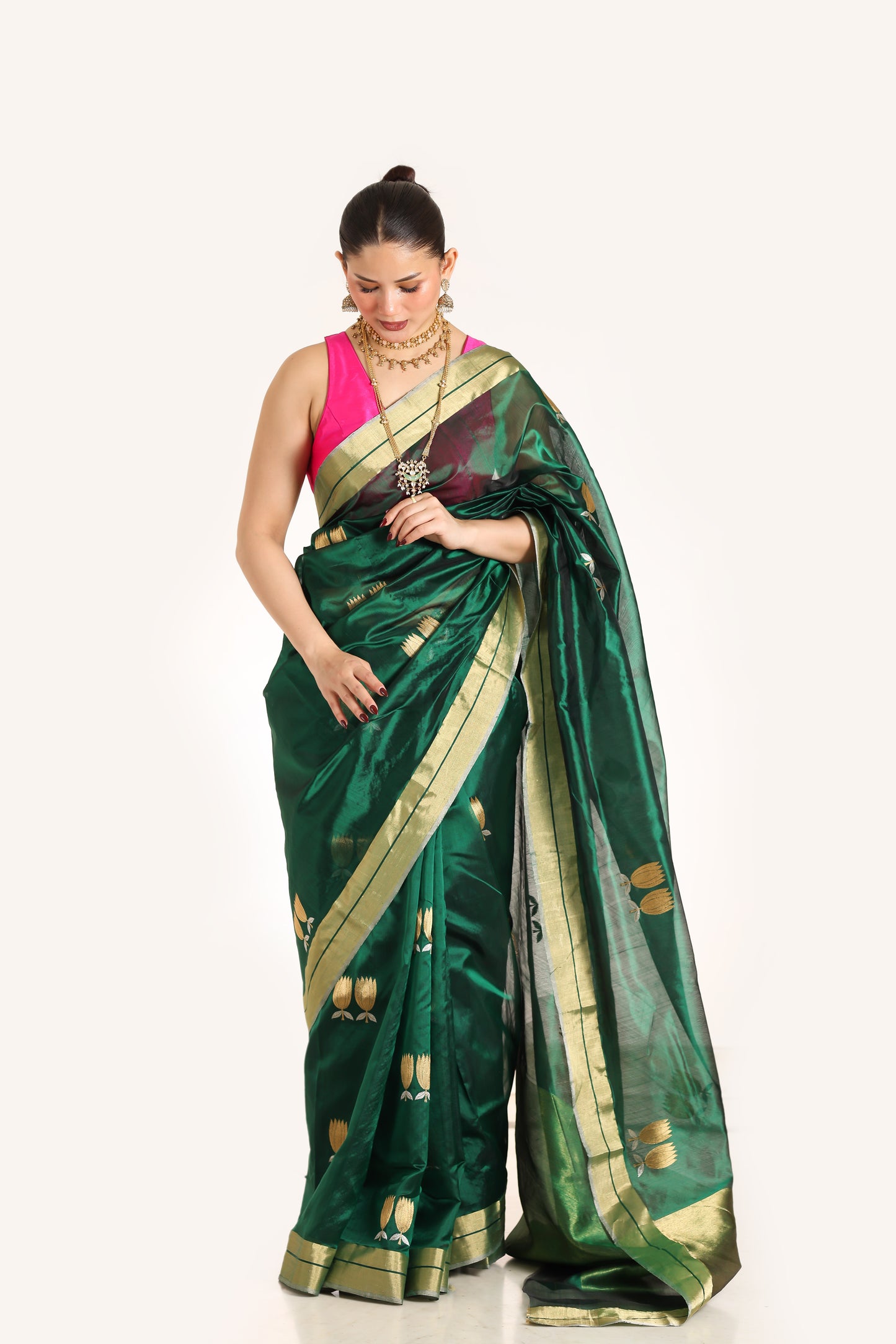 Dark green pure chanderi silk handwoven saree with sona Chandi lotus motif