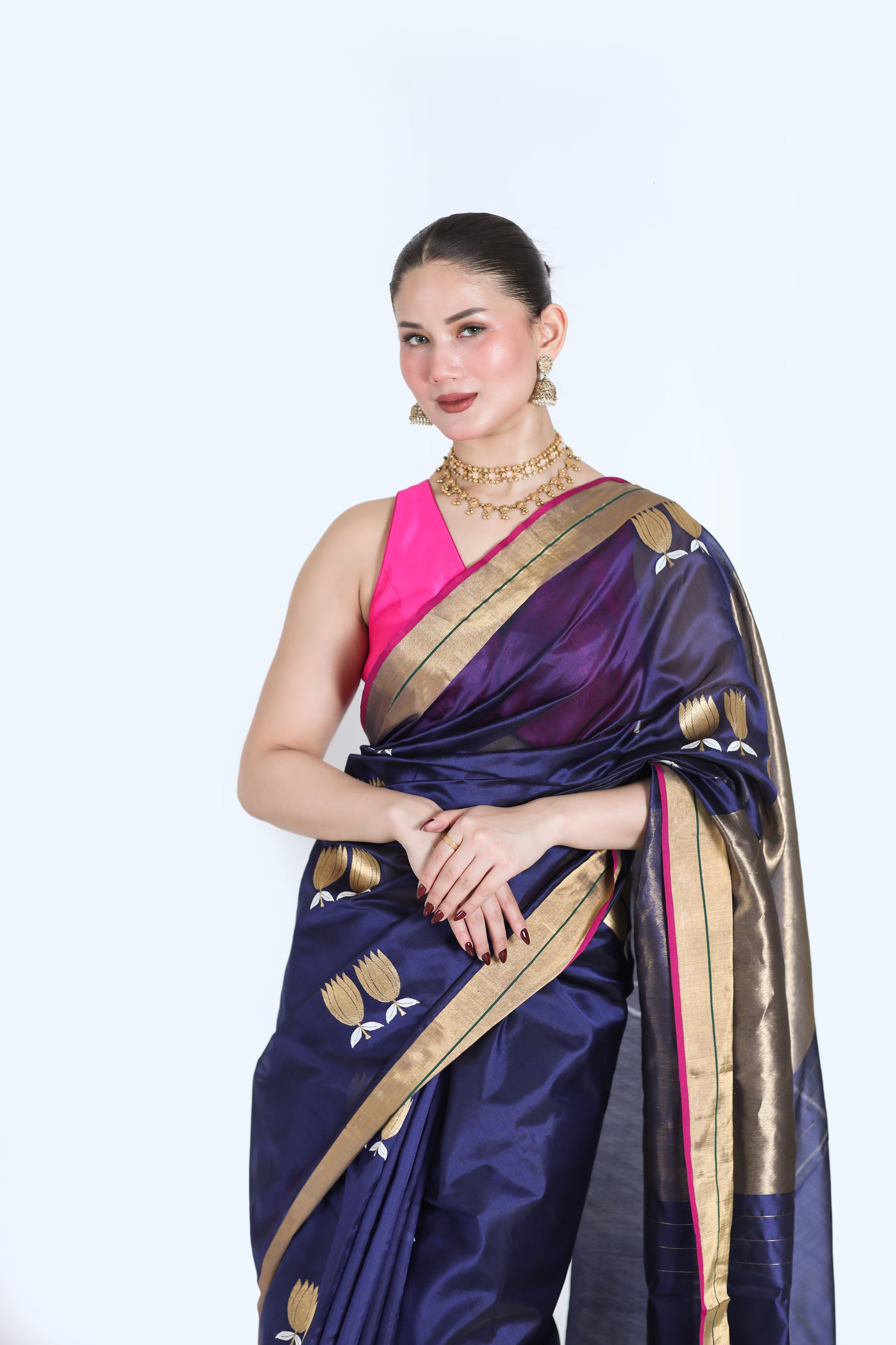 Navy Blue pure chanderi silk handwoven saree with Sona Chandi lotus motif , front close up