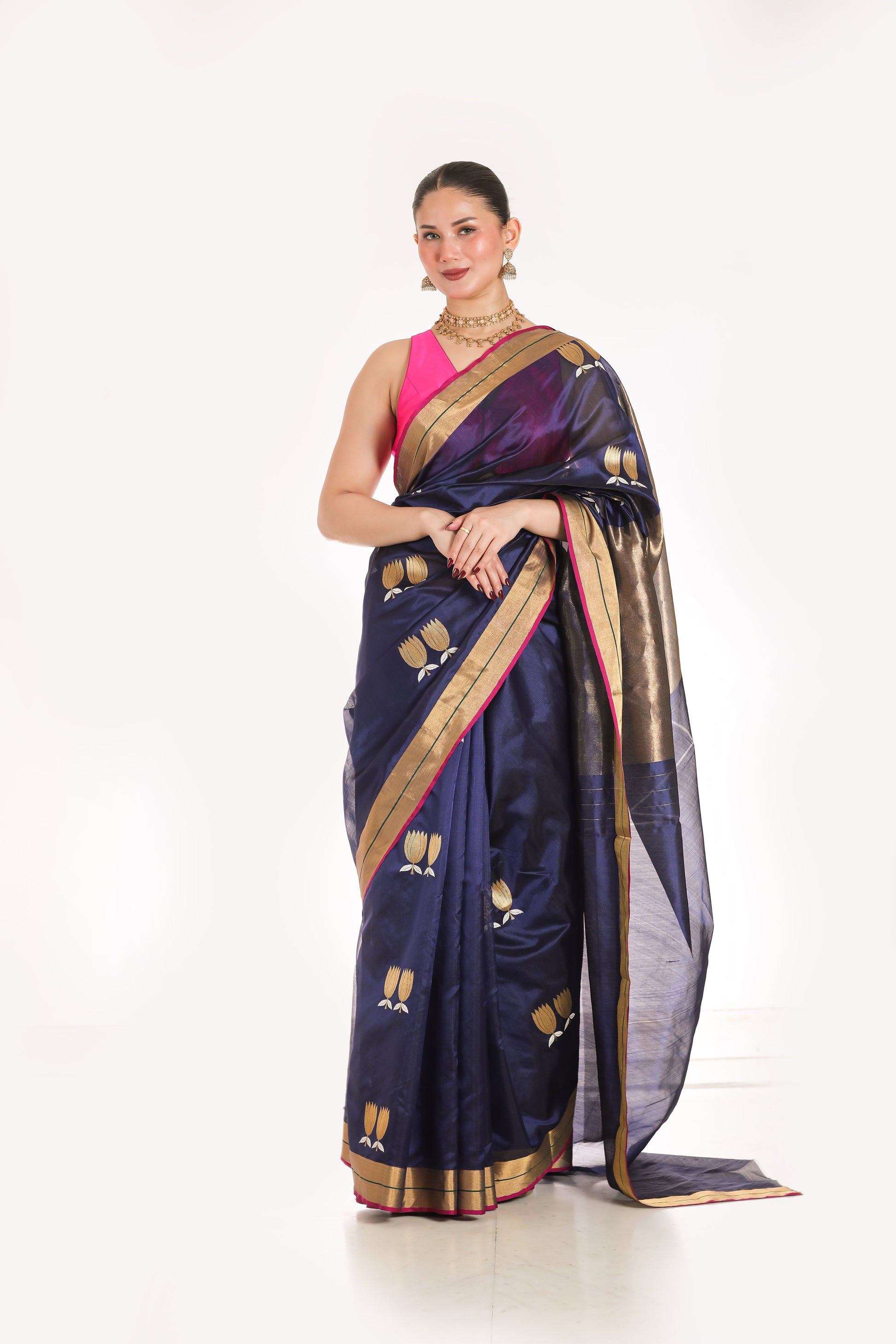 Navy Blue pure chanderi silk handwoven saree with Sona Chandi lotus motif , front angle 1