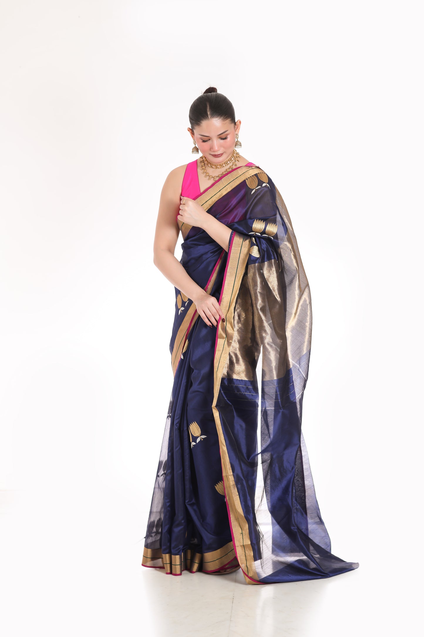Navy Blue pure chanderi silk handwoven saree with Sona Chandi lotus motif , front angle 2