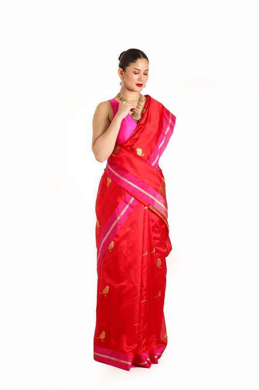 Red pure chanderi silk handwoven saree with Chidiya butti, Front angle 1