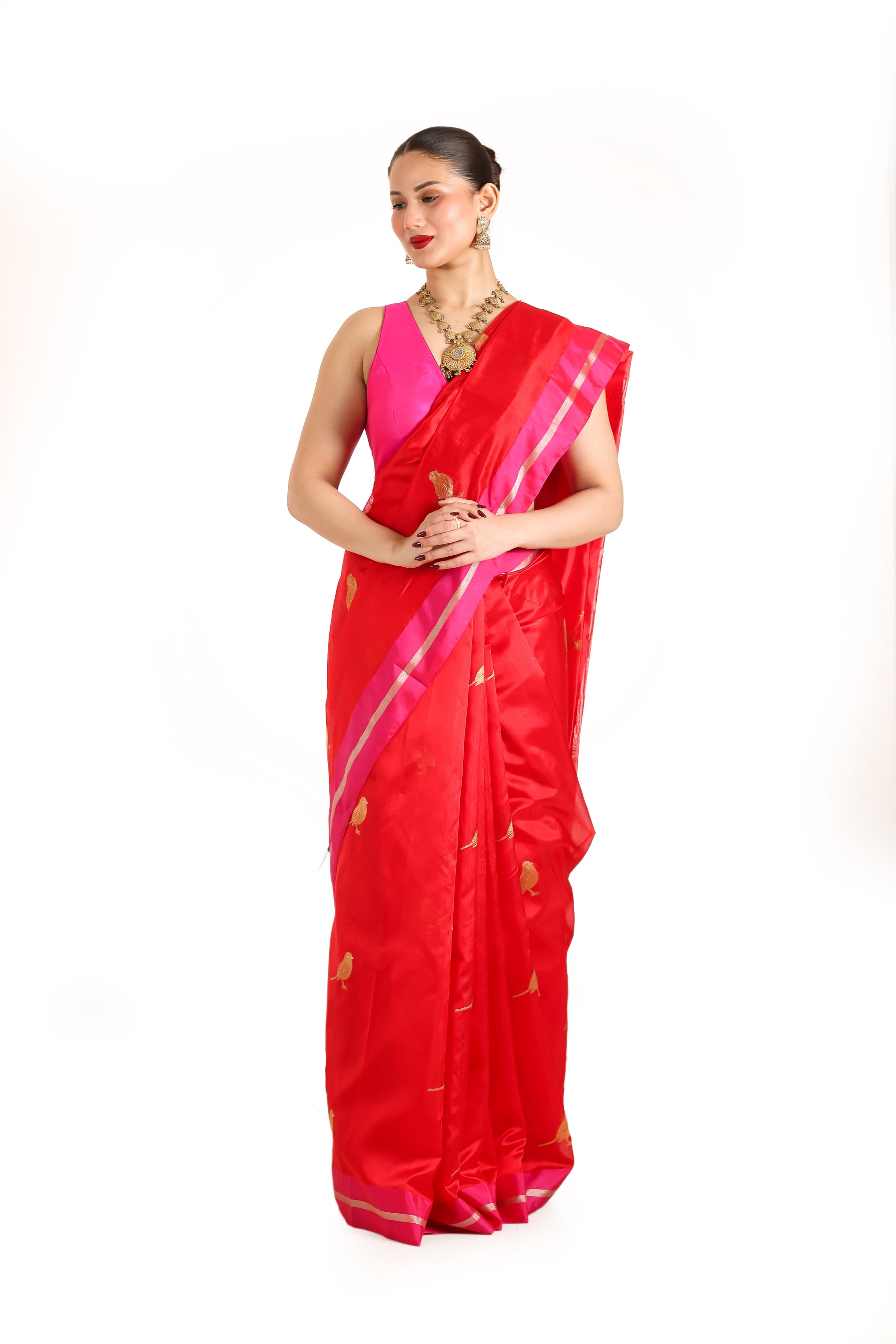 Red pure chanderi silk handwoven saree with Chidiya butti, front angle 2