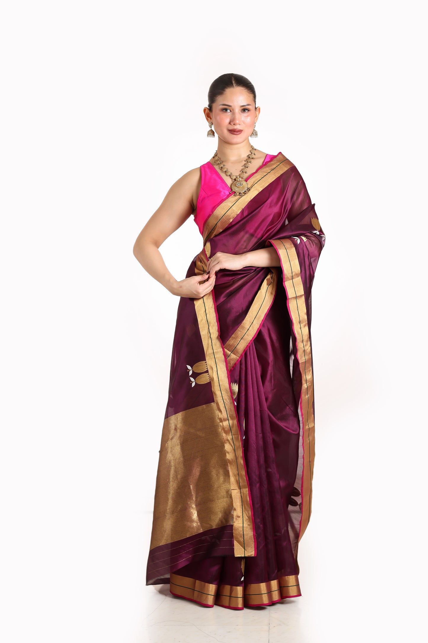 Wine pure chanderi silk handwoven saree with Sona Chandi lotus motif