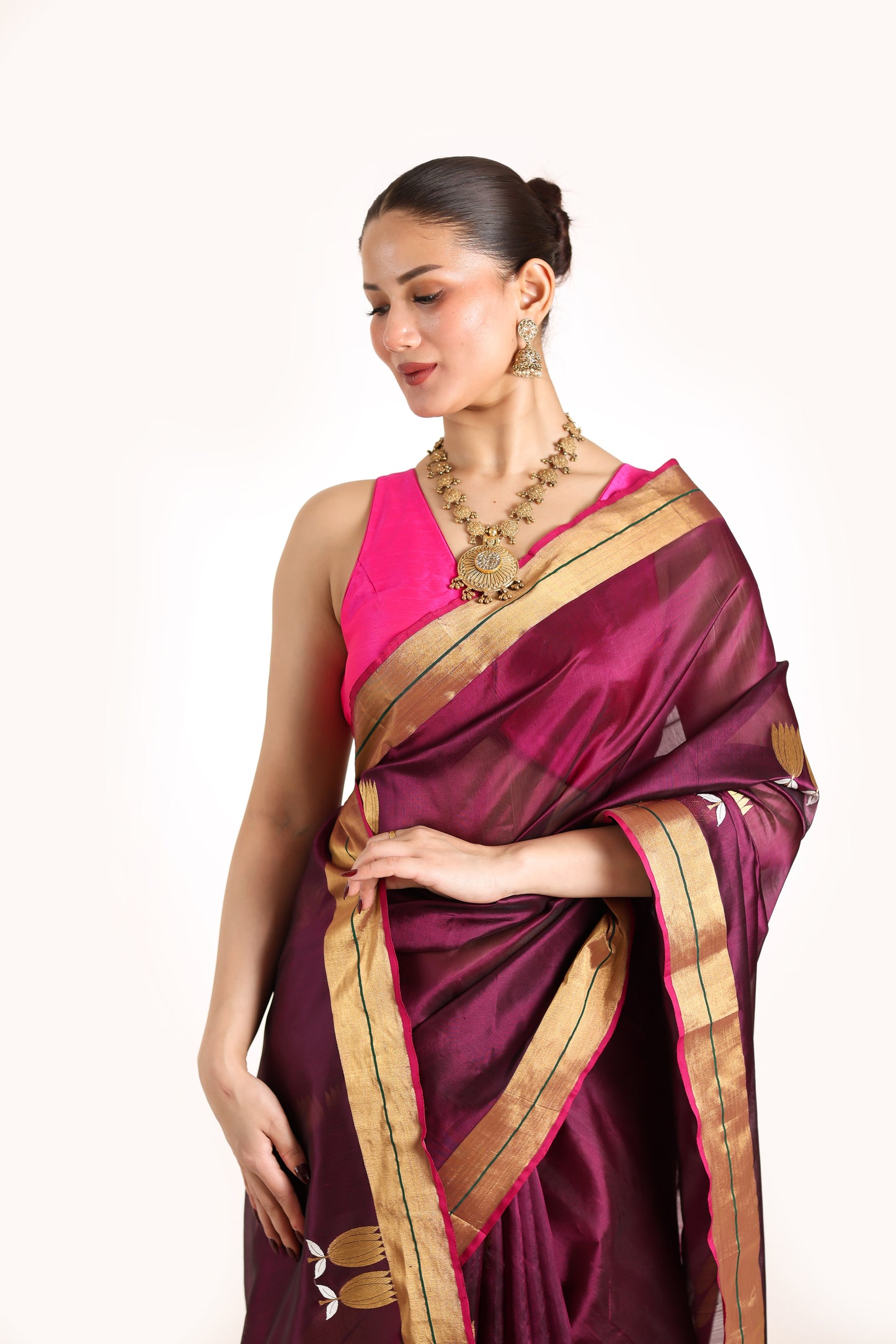 Wine pure chanderi silk handwoven saree with Sona Chandi lotus motif