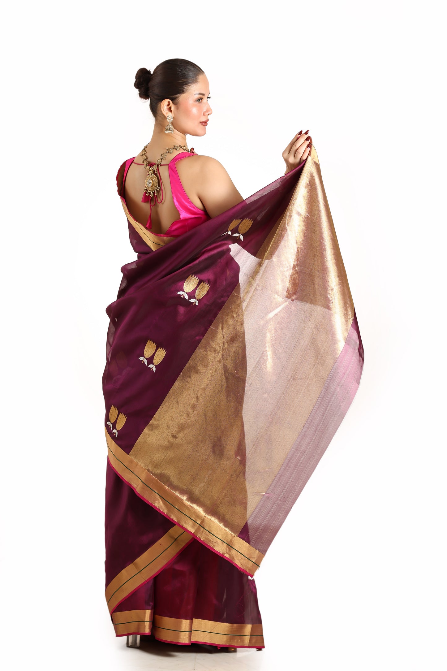 Wine pure chanderi silk handwoven saree with Sona Chandi lotus motif