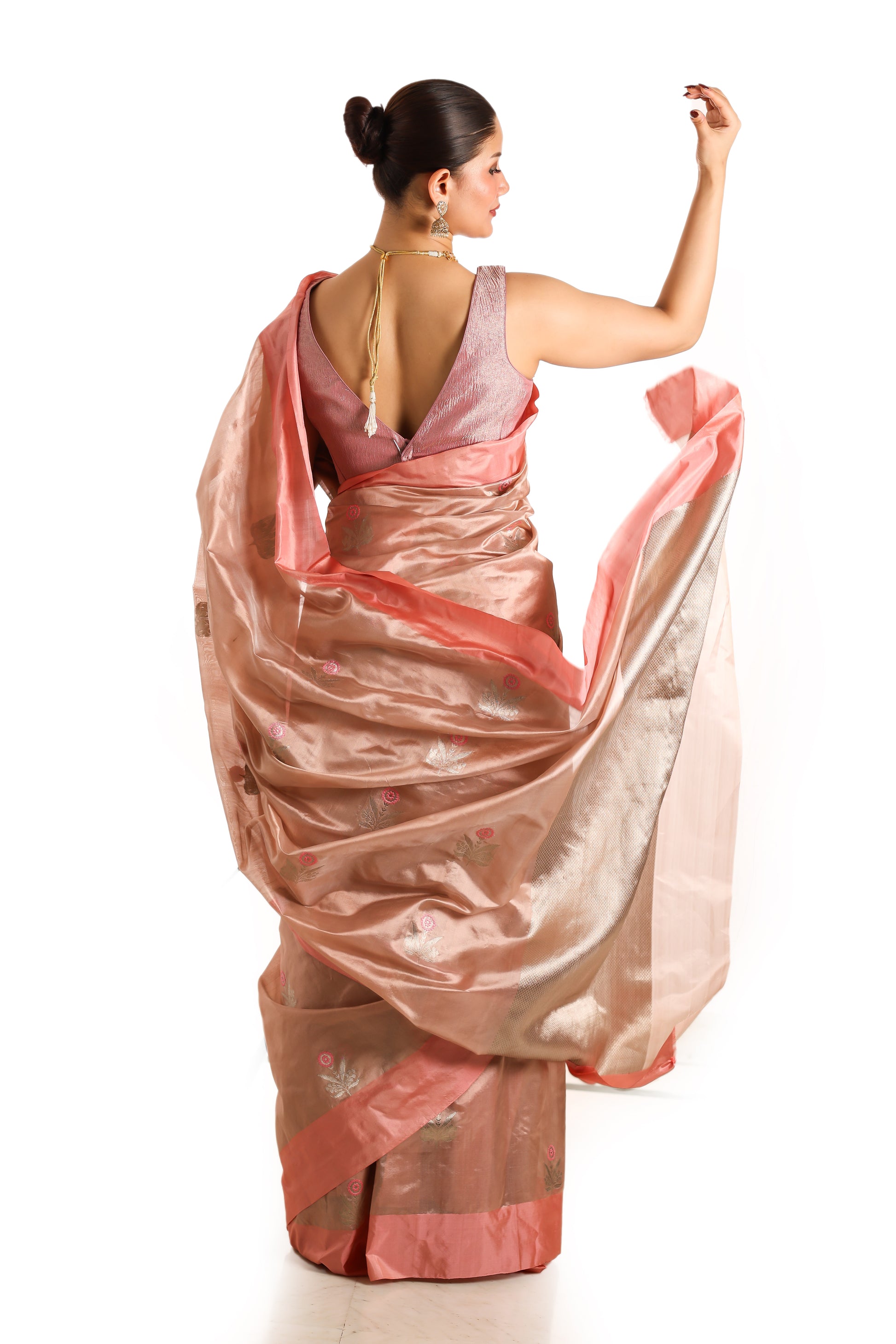Dusty pink pure chanderi silk handwoven saree with meenakari butti, front angle 2