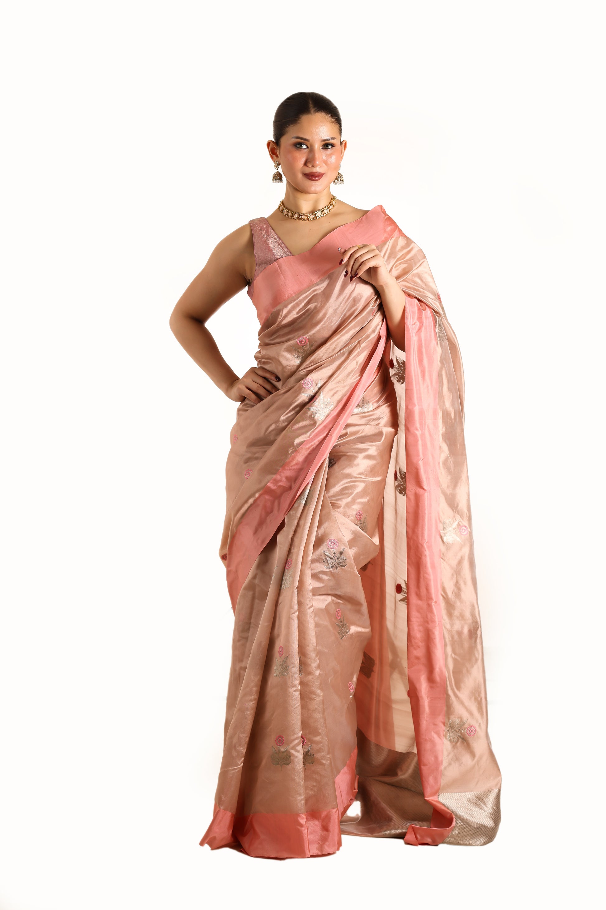 Dusty pink pure chanderi silk handwoven saree with meenakari butti, front angle 3