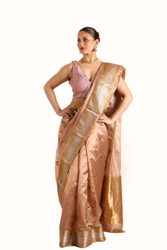 Onion pink chanderi silk handwoven saree with nakashi border and meenakari butti,angle 1