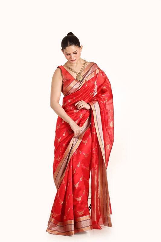 Red pure chanderi silk handwoven saree with all over meenakari buttis , front angle 1