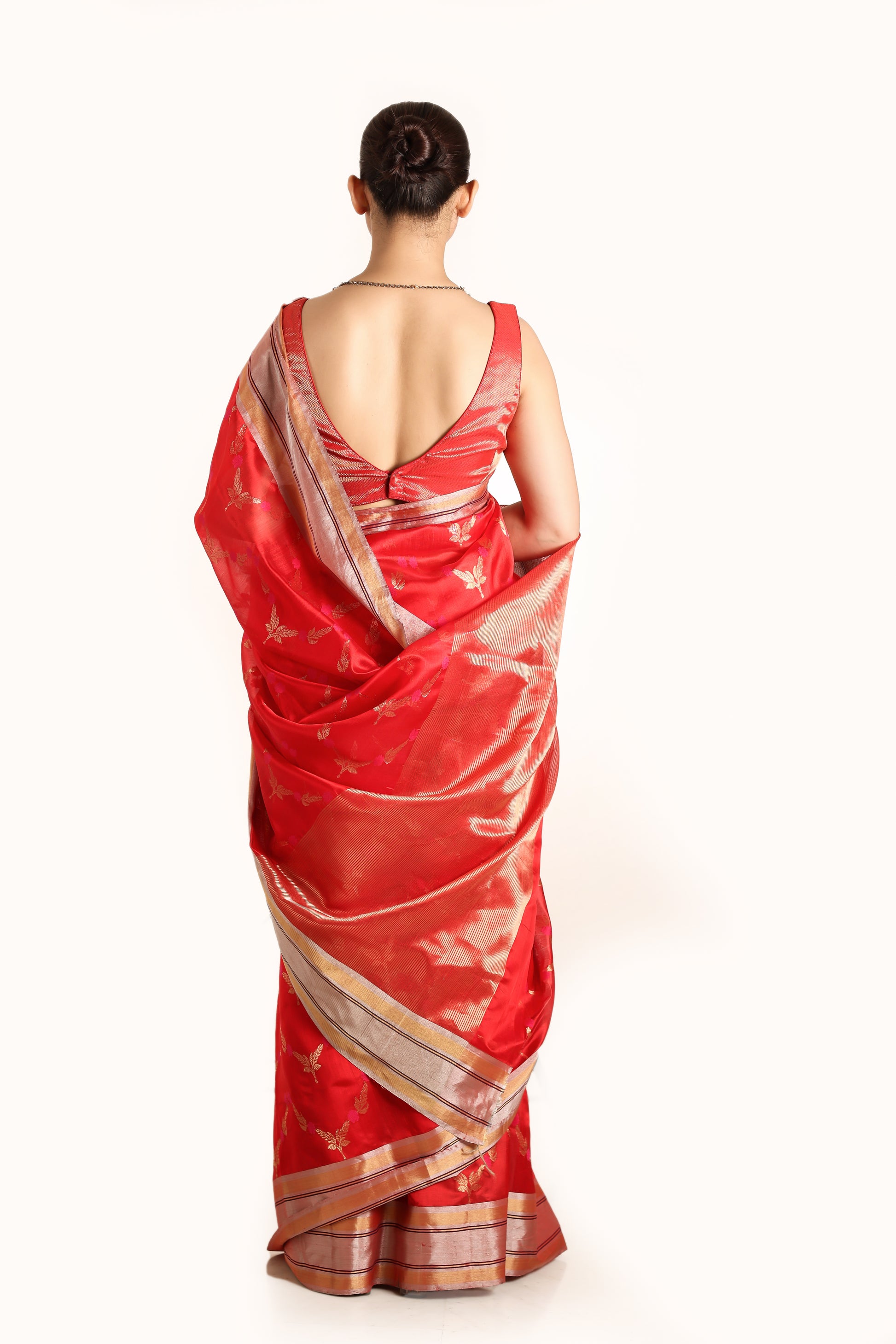 Red pure chanderi silk handwoven saree with all over meenakari buttis , back angle