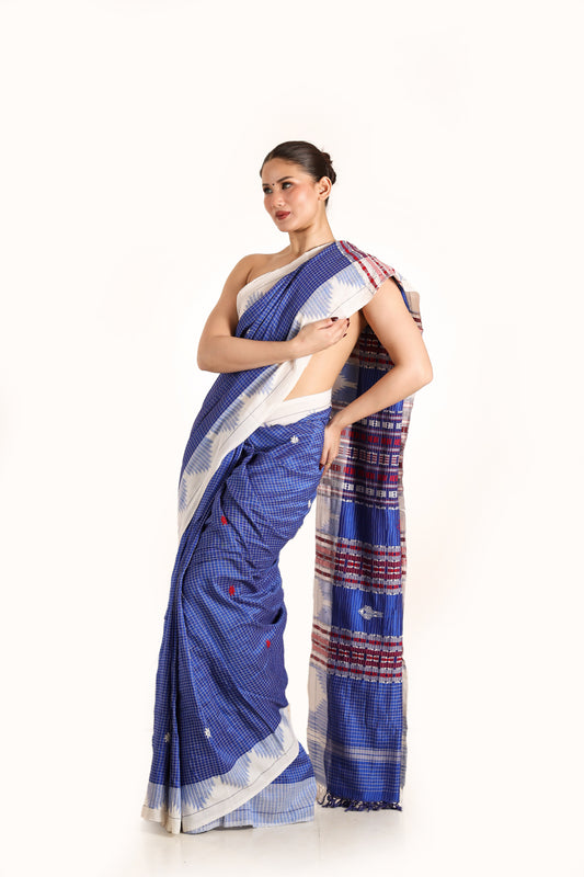 Ink blue Pure Tusser silk vegetable dye Kotpad handwoven saree, angle front