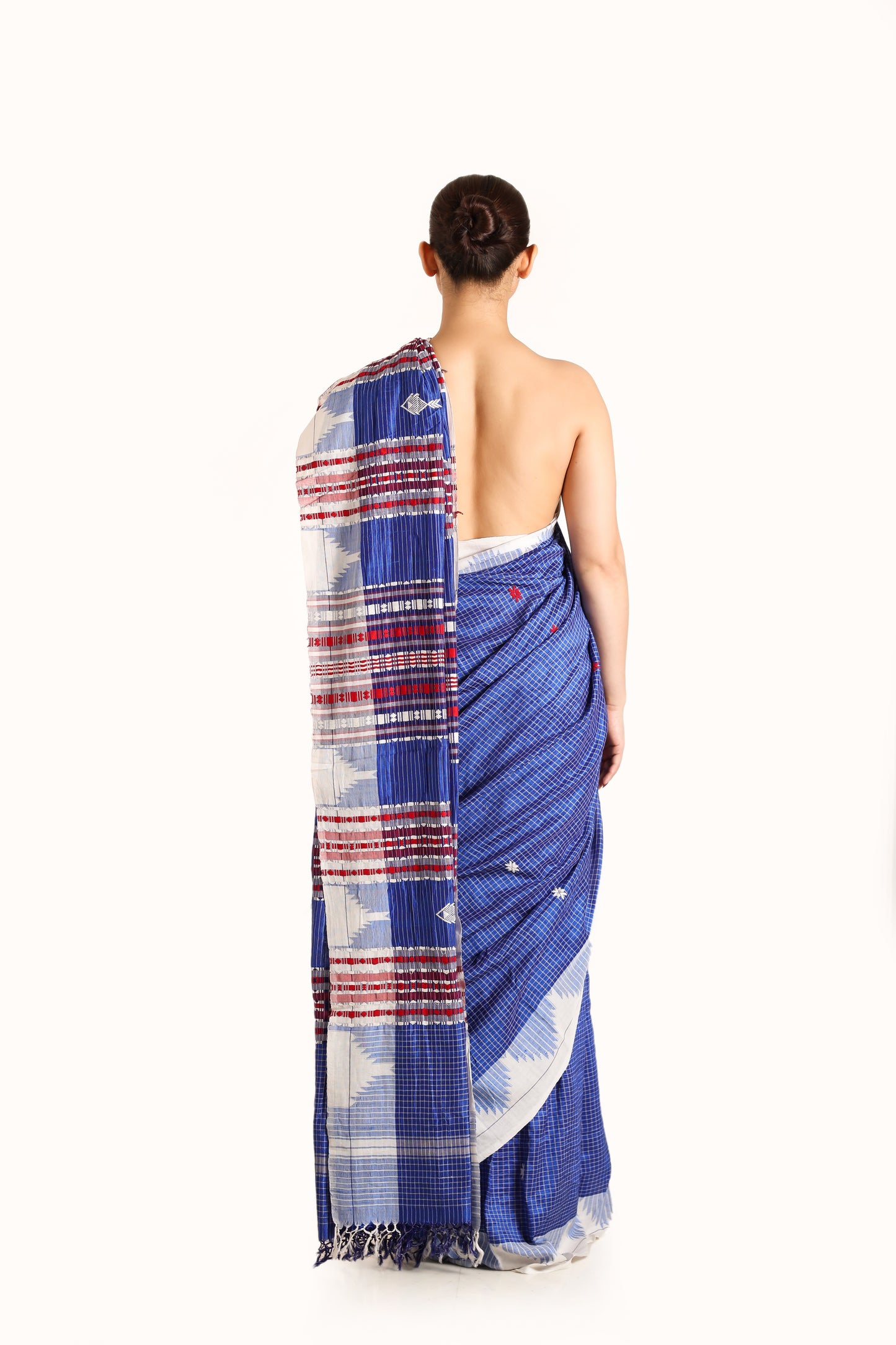 Ink blue Pure Tusser silk vegetable dye Kotpad handwoven saree, back angle
