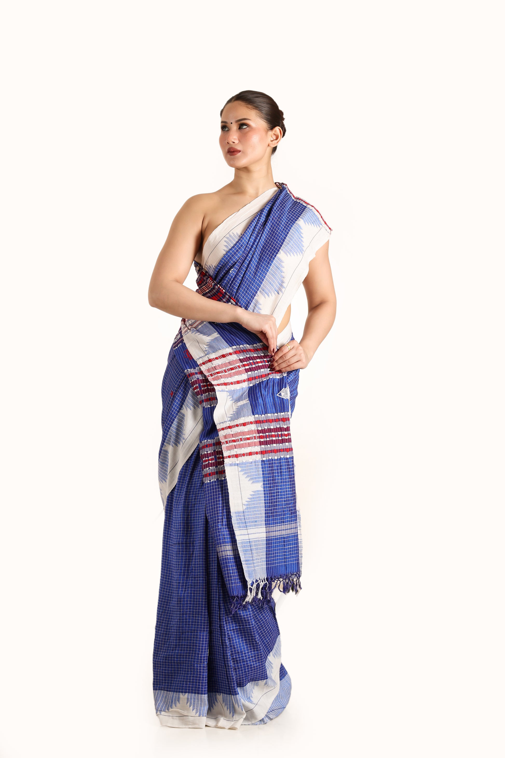 Ink blue Pure Tusser silk vegetable dye Kotpad handwoven saree, front angle 2