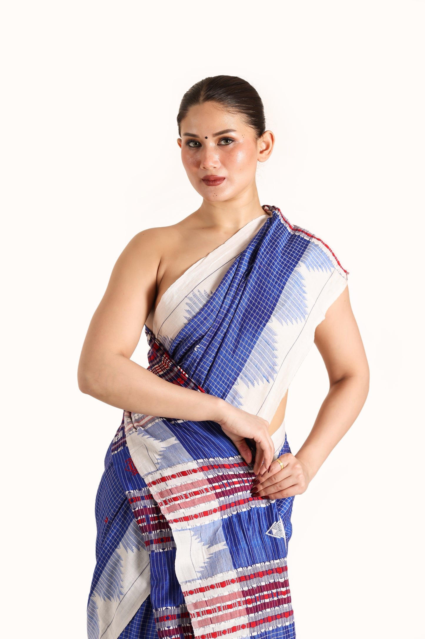 Ink blue Pure Tusser silk vegetable dye Kotpad handwoven saree, front close up