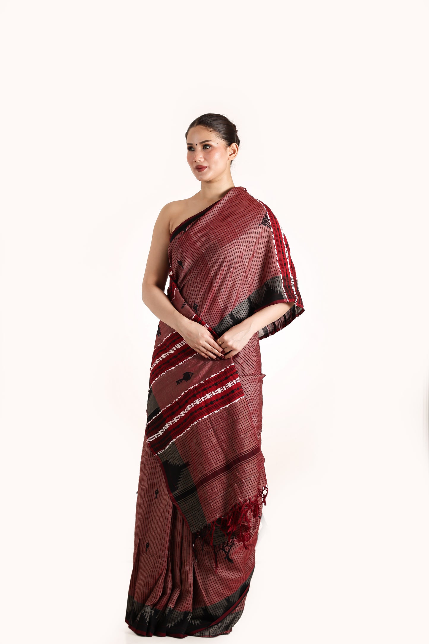 Beet root marroon pure Tusser silk vegetable dye Kotpad handwoven saree, front angle