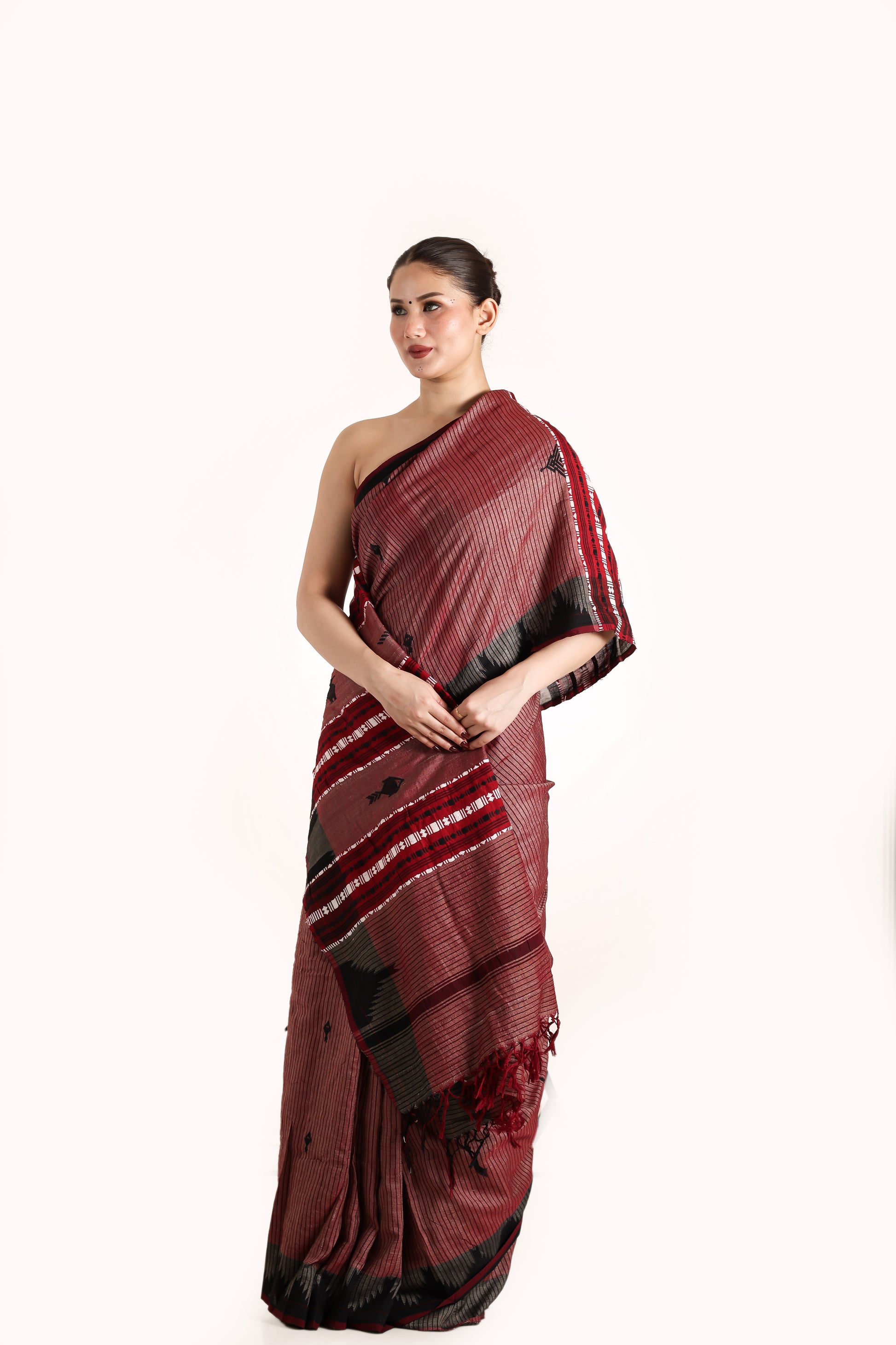 Beet root marroon pure Tusser silk vegetable dye Kotpad handwoven saree, front angle