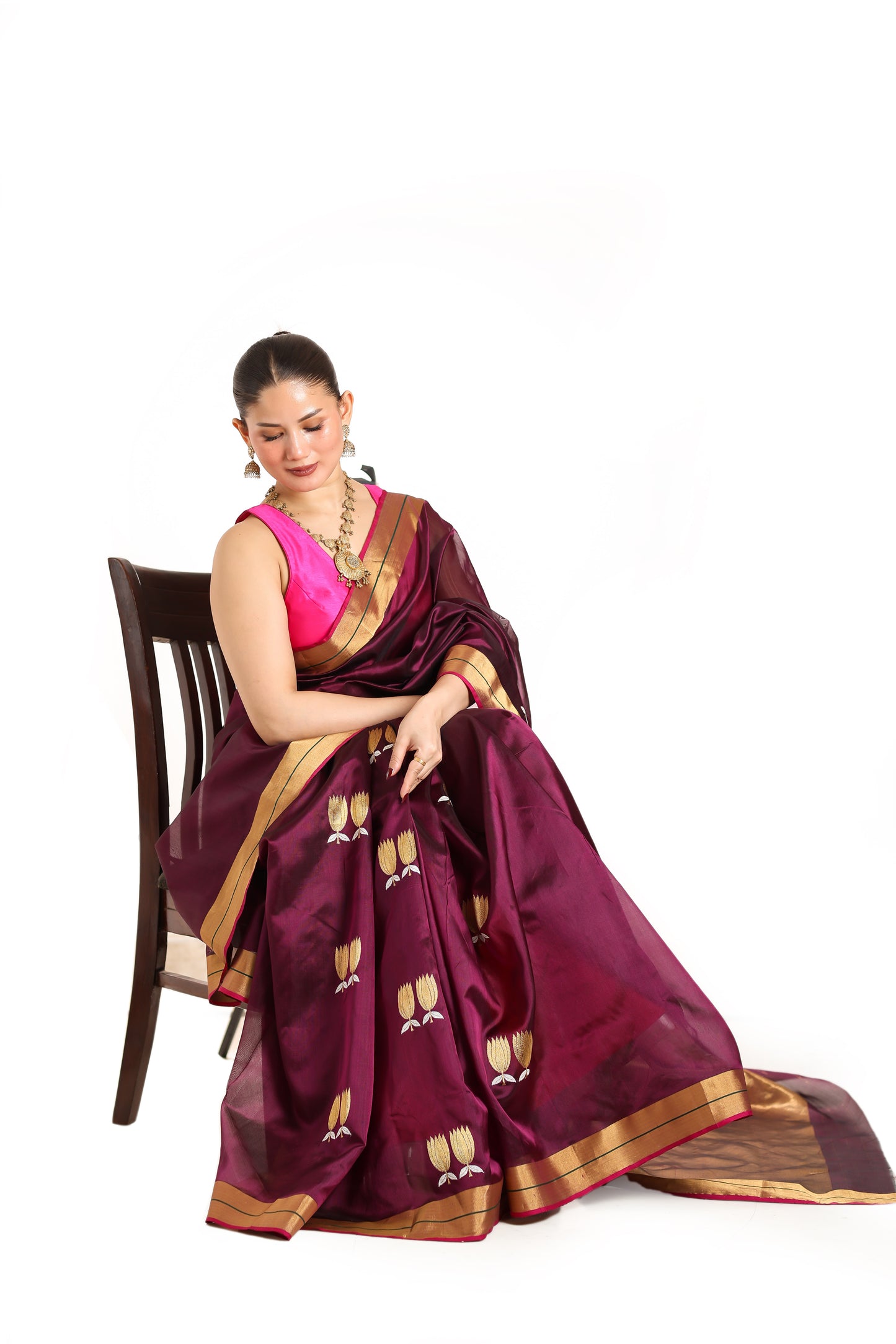 Wine pure chanderi silk handwoven saree with Sona Chandi lotus motif