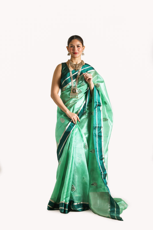 Ocean green pure chanderi silk handwoven saree with meenakari buti