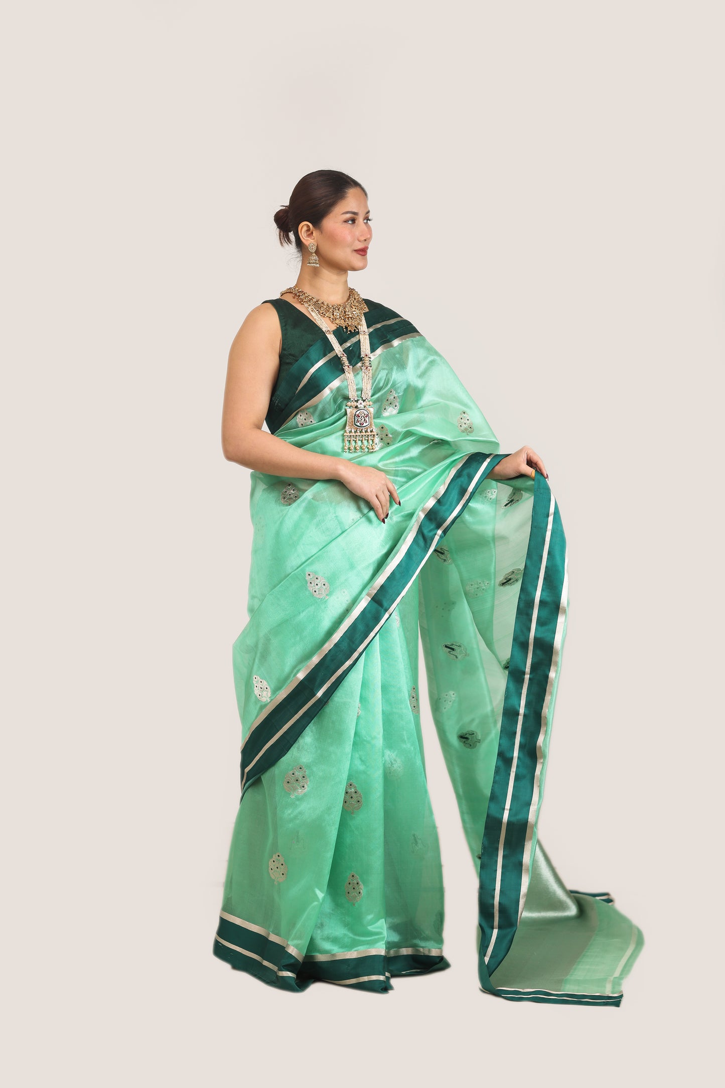 Ocean green pure chanderi silk handwoven saree with meenakari buti