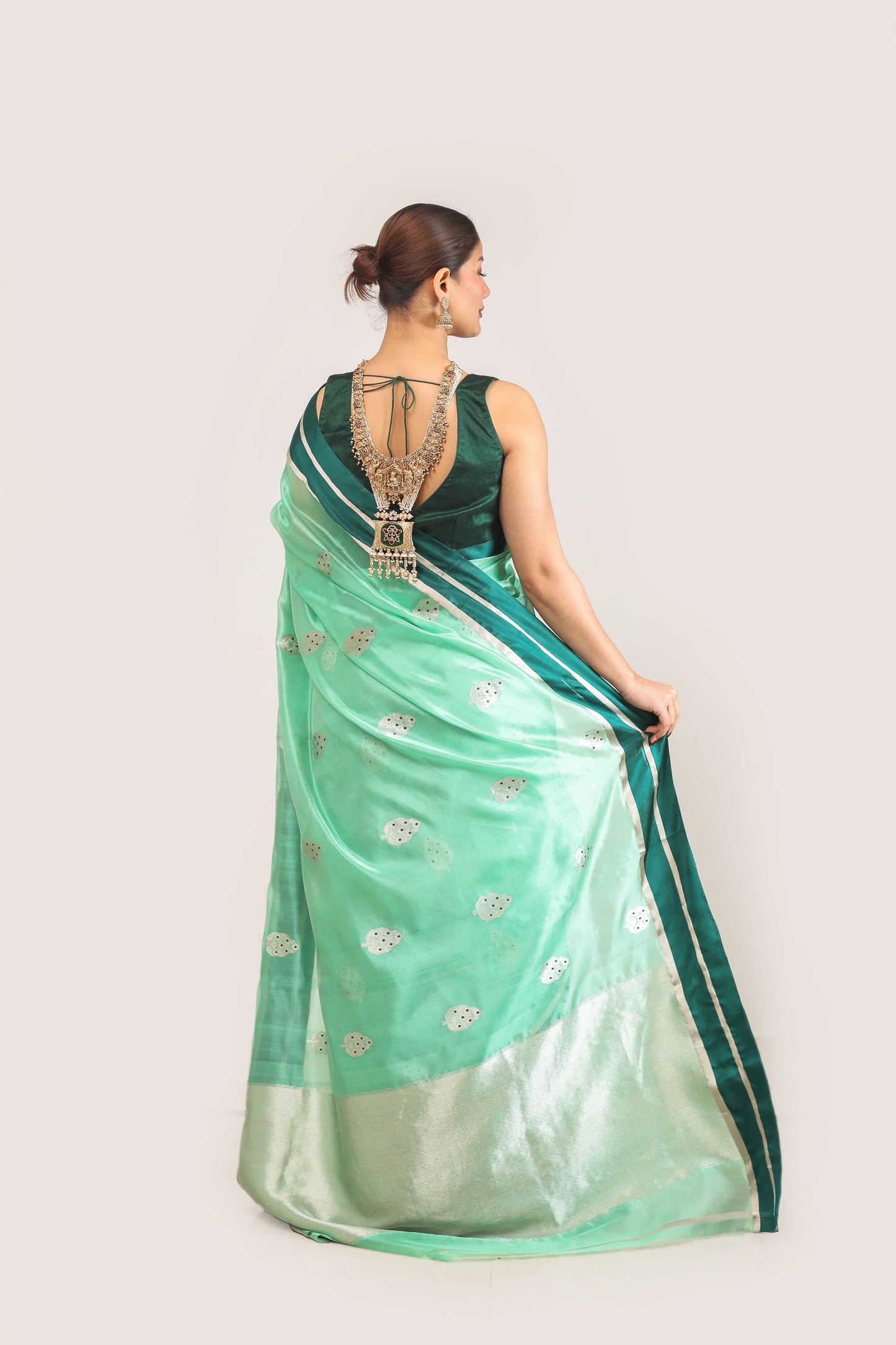 Ocean green pure chanderi silk handwoven saree with meenakari buti