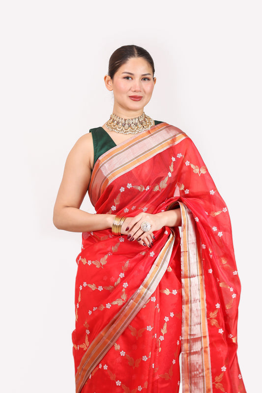 Woman wearing a red saree with a white background