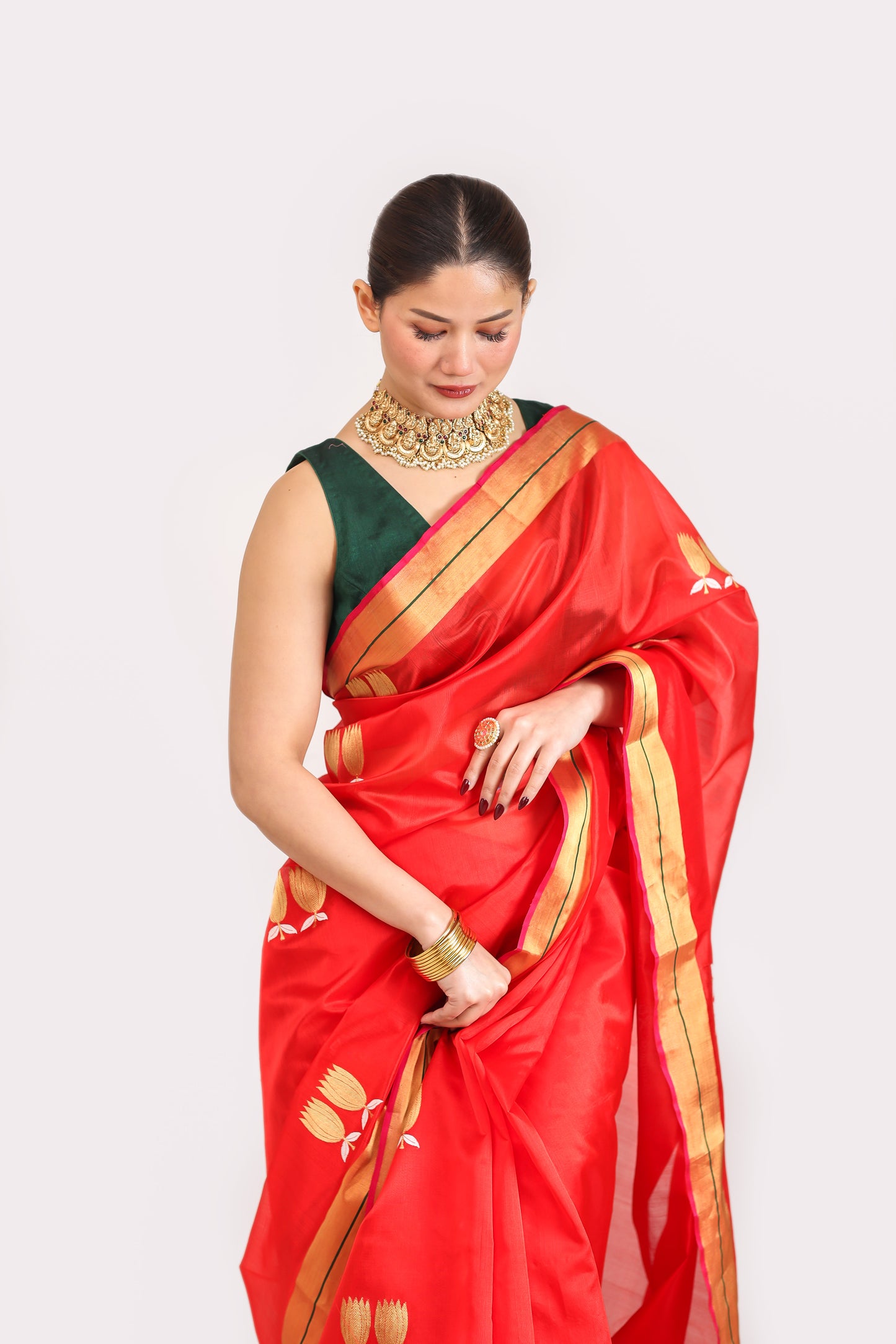 Red pure handwoven chanderi silk saree with meenakari buti