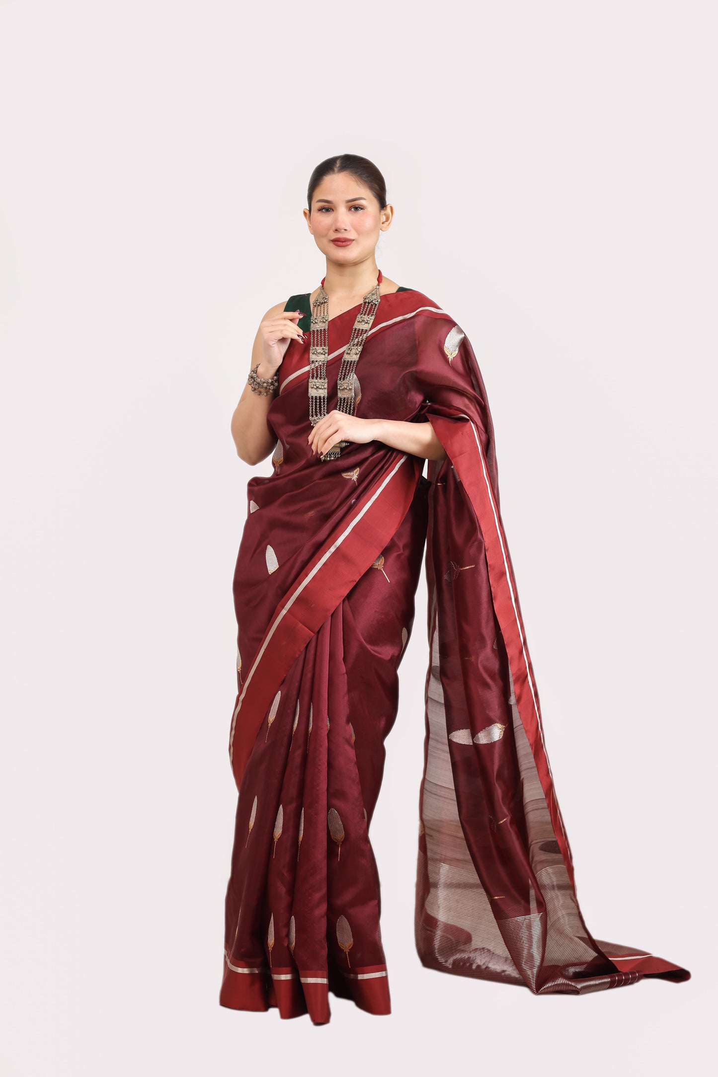 Maroon pure handwoven chanderi silk saree with meenakari buti