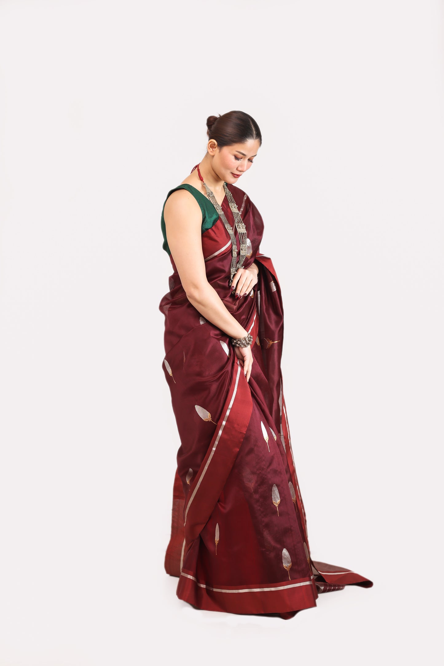 Maroon pure handwoven chanderi silk saree with meenakari buti