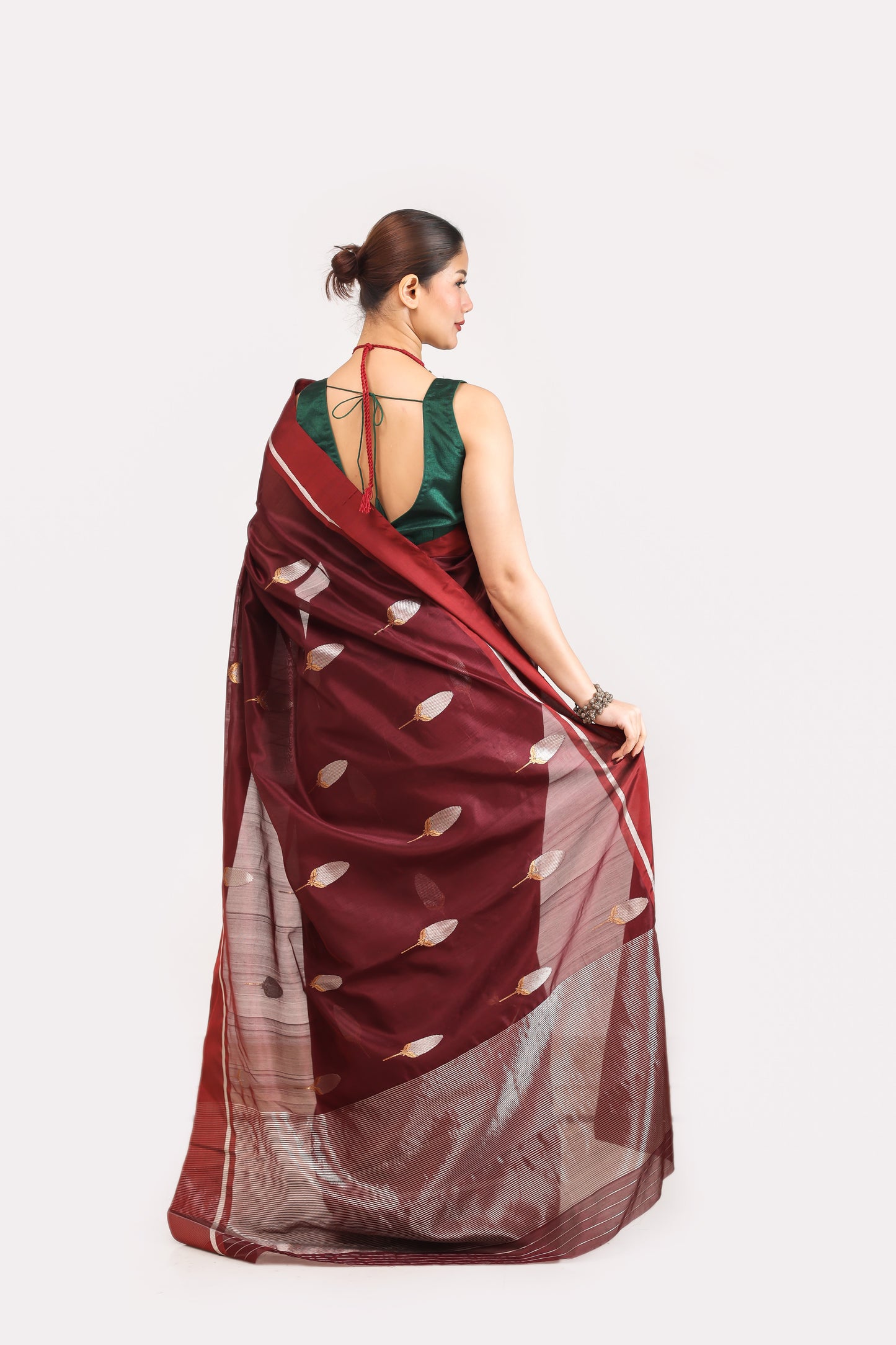 Maroon pure handwoven chanderi silk saree with meenakari buti