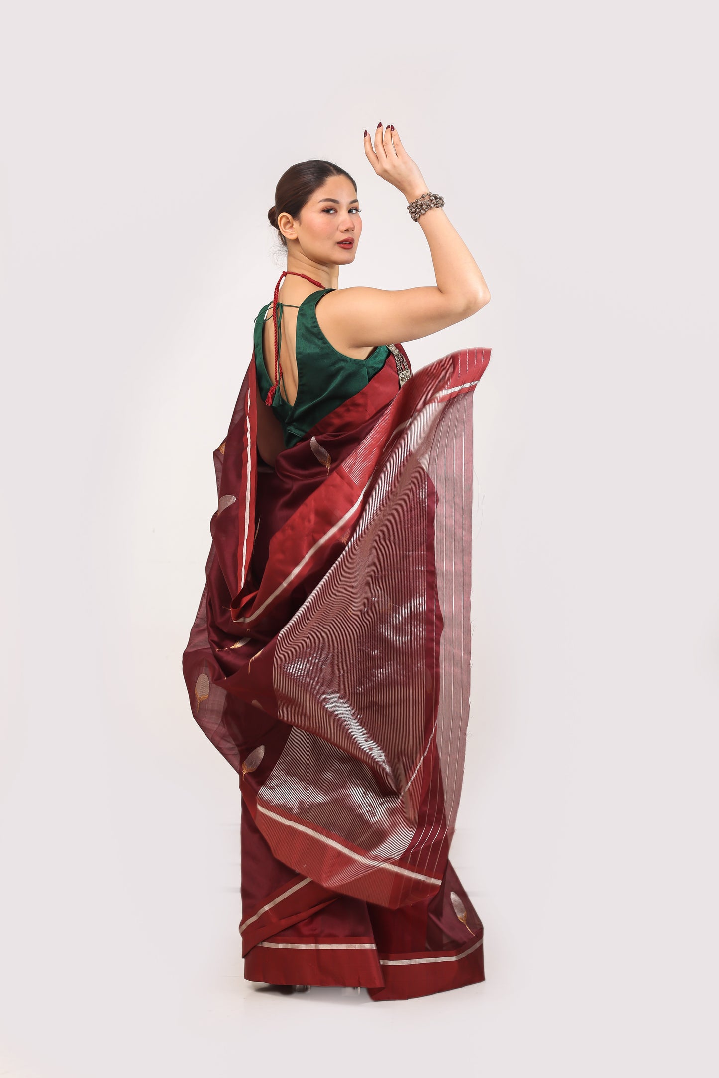 Maroon pure handwoven chanderi silk saree with meenakari buti