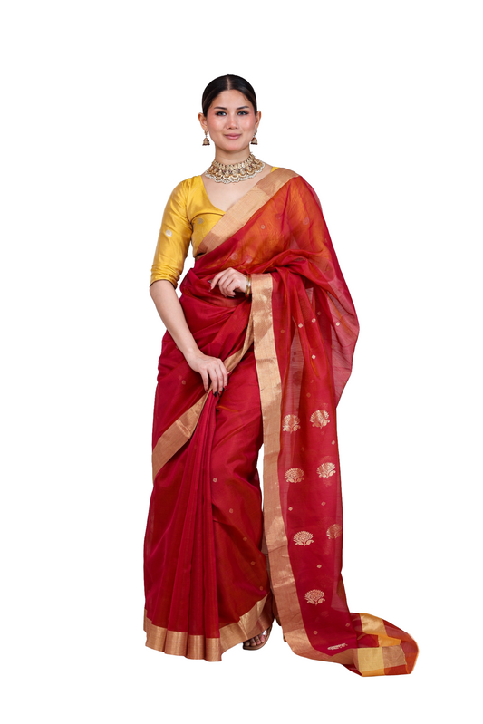 Red pure cotton silk chanderi saree with small buta