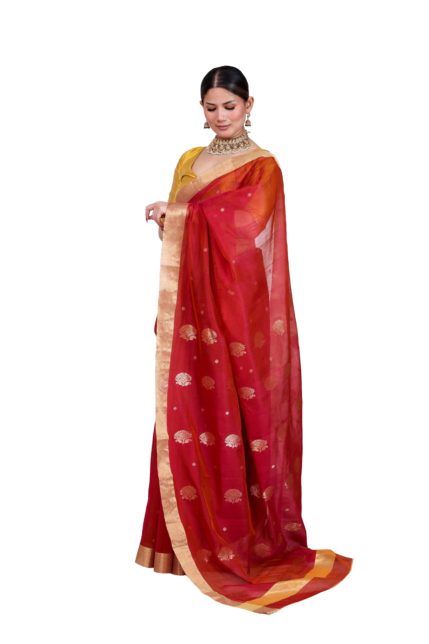 Red pure cotton silk chanderi saree with small buta