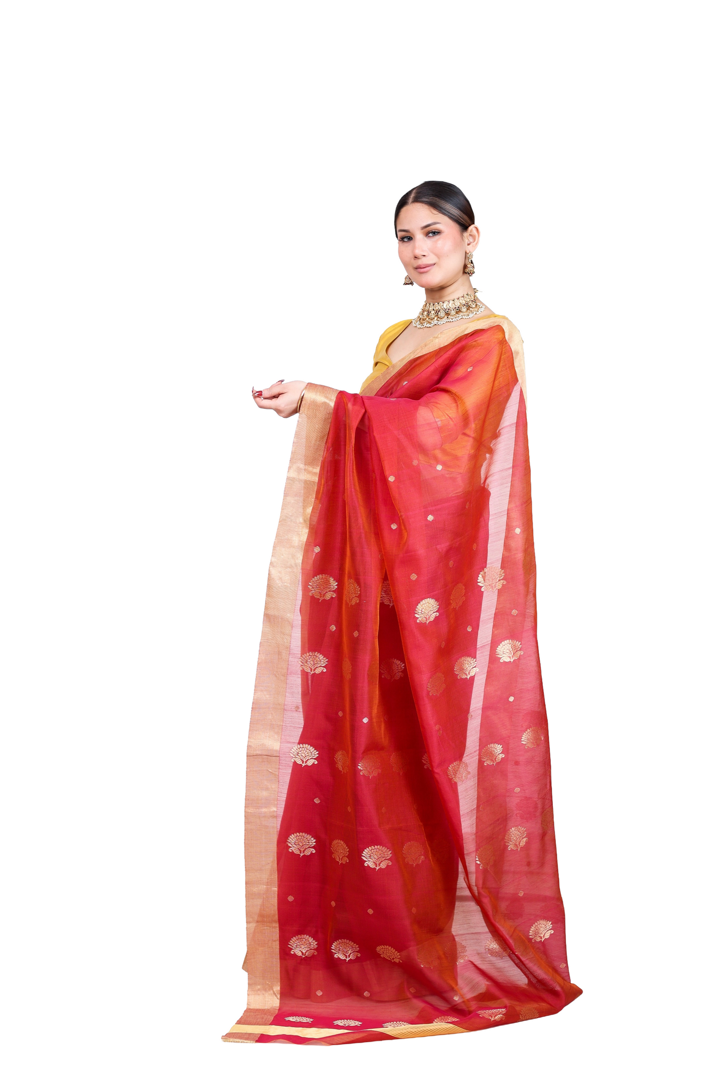 Red pure cotton silk chanderi saree with small buta