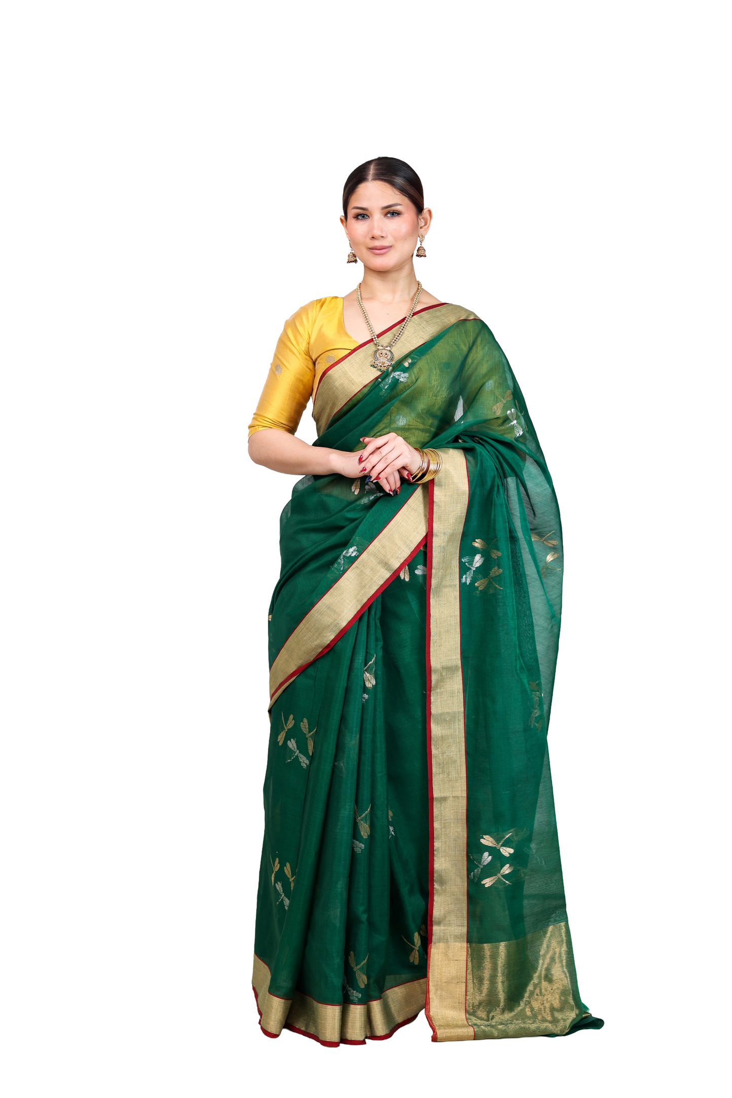 Bottle green pure cotton silk chanderi saree