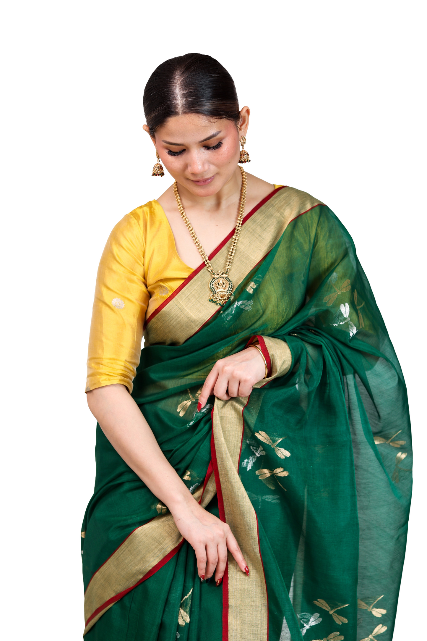 Bottle green pure cotton silk chanderi saree