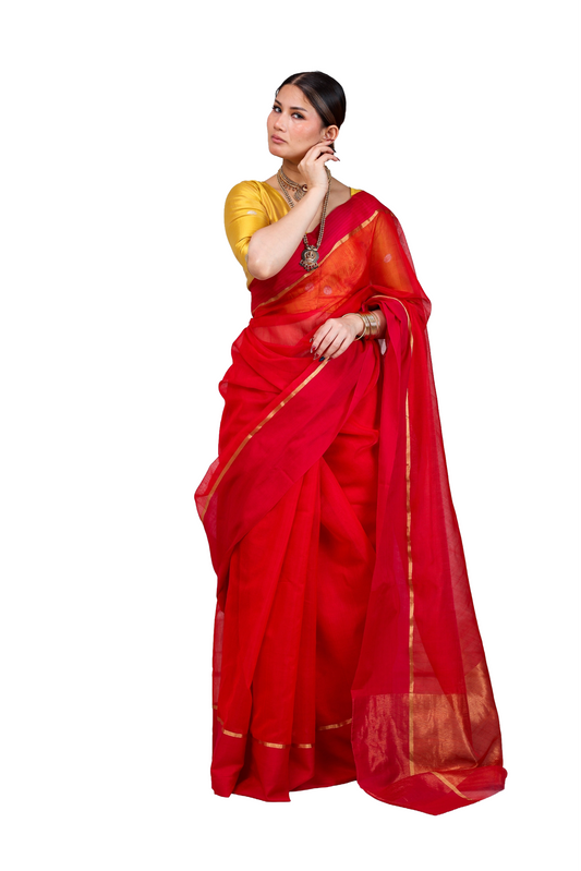 Red pure cotton silk chanderi saree with mashru  border