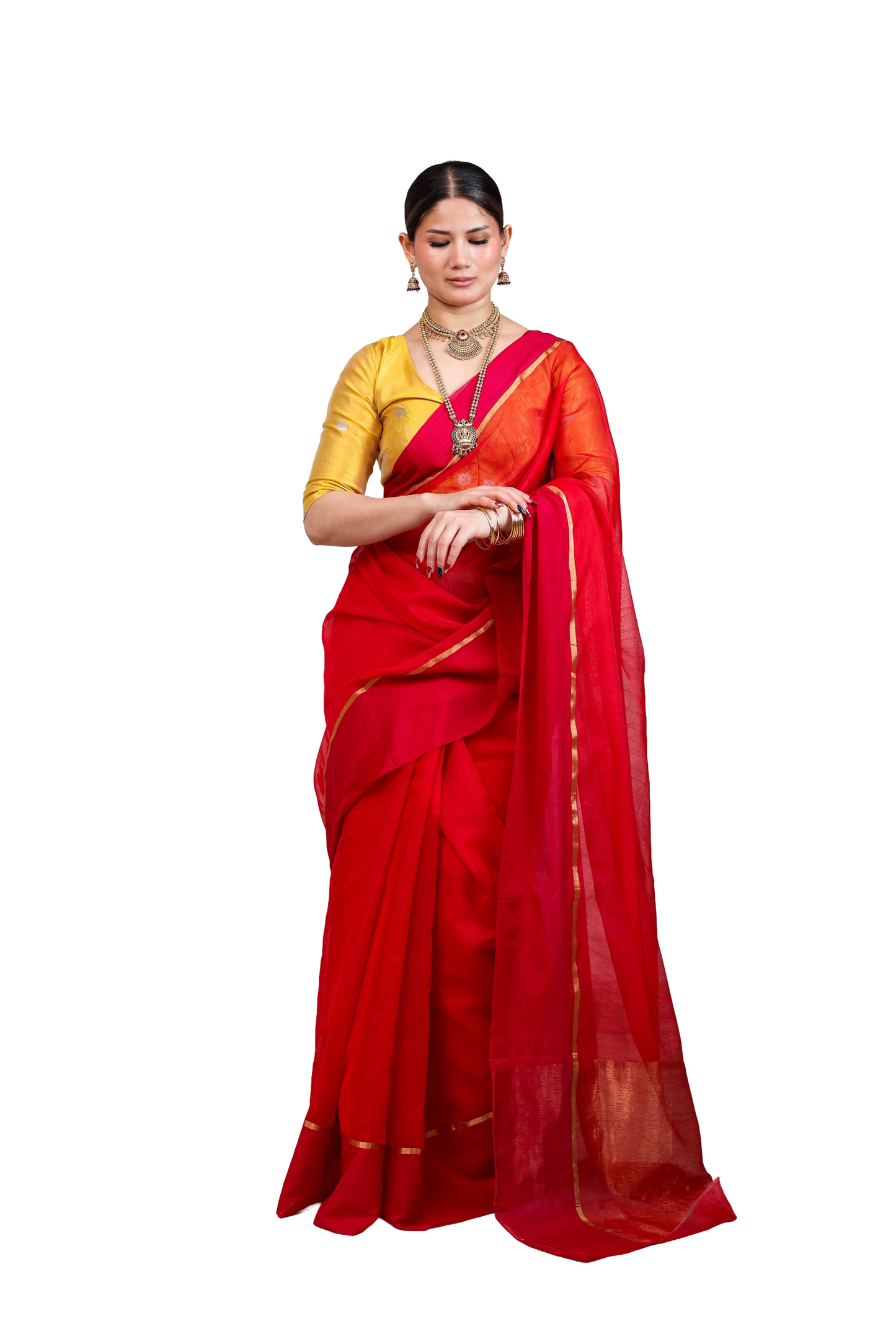 Red pure cotton silk chanderi saree with mashru  border