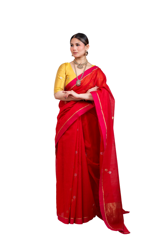 Red pure cotton silk chanderi saree with meenakari buti