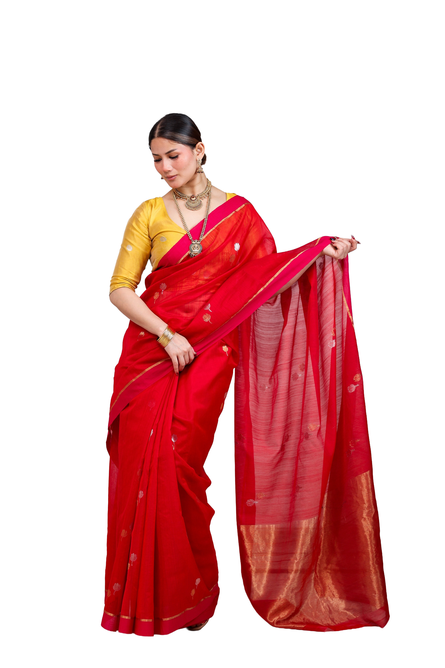 Red pure cotton silk chanderi saree with meenakari buti