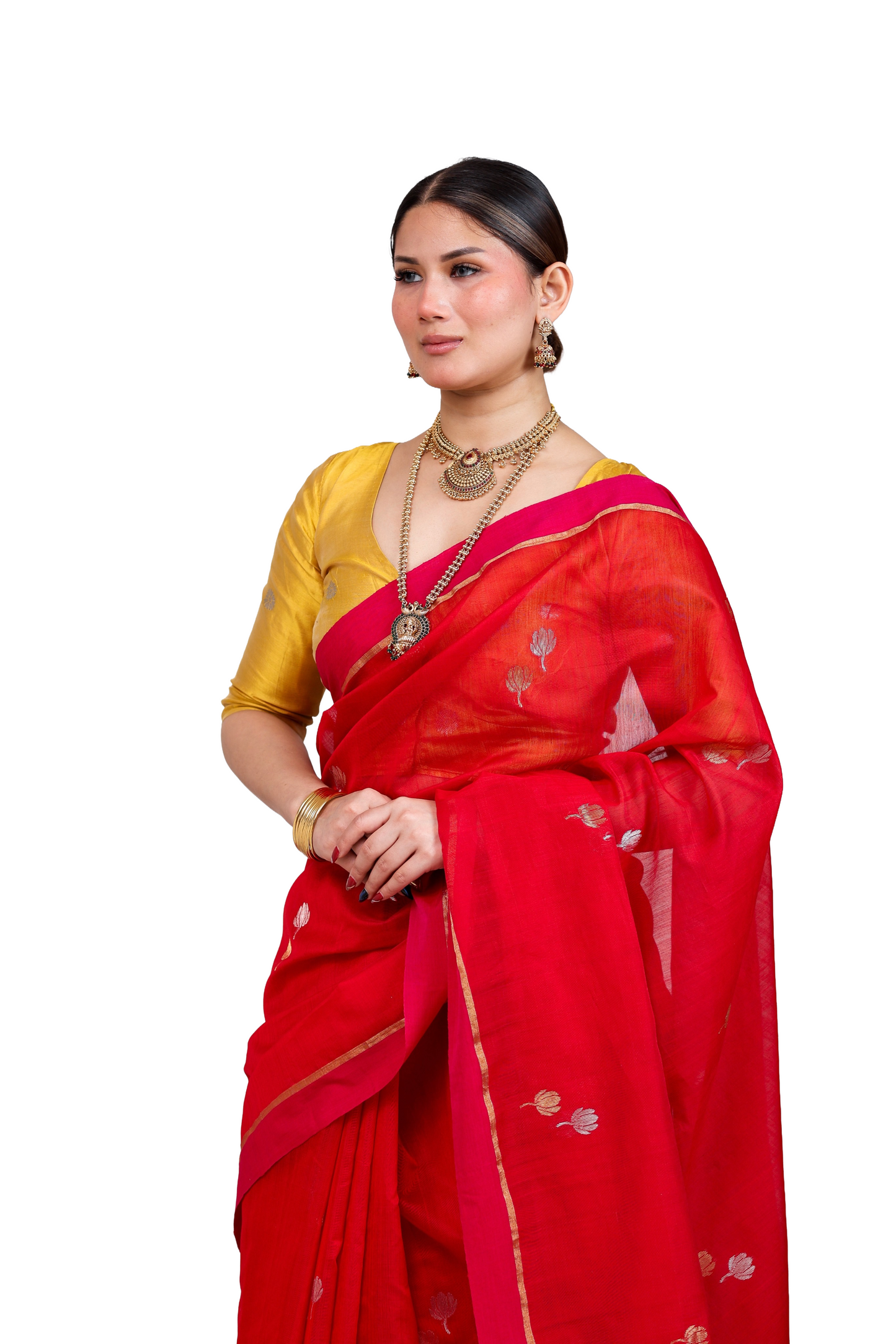 Red pure cotton silk chanderi saree with meenakari buti