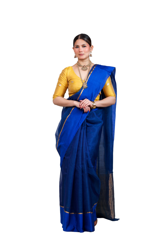 Royal blue pure cotton silk chanderi saree with mashru border