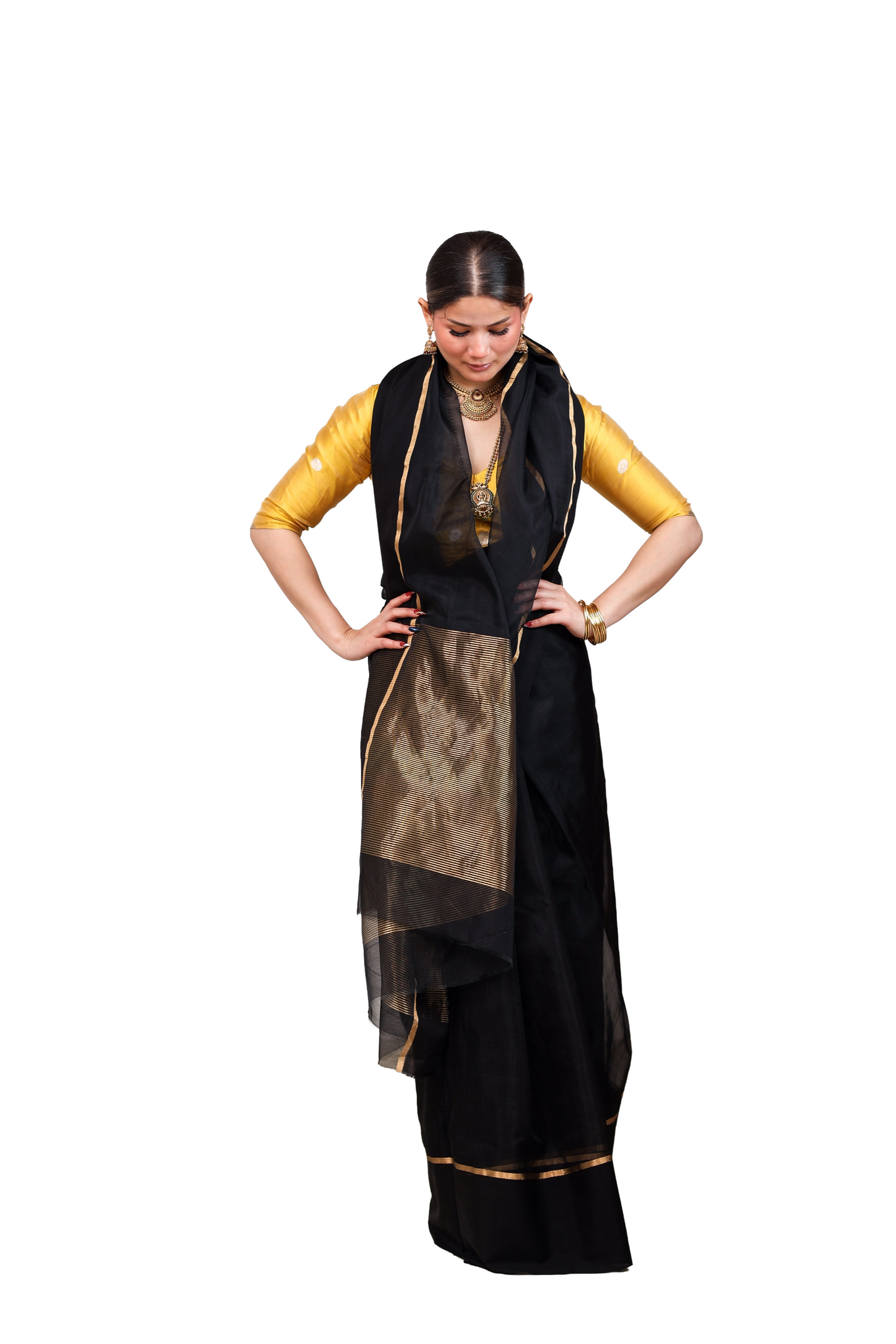 Black pure cotton silk chanderi saree with mashru border