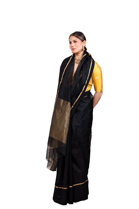 Black pure cotton silk chanderi saree with mashru border