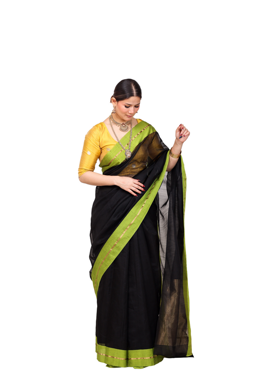 Black pure cotton silk chanderi saree with green border
