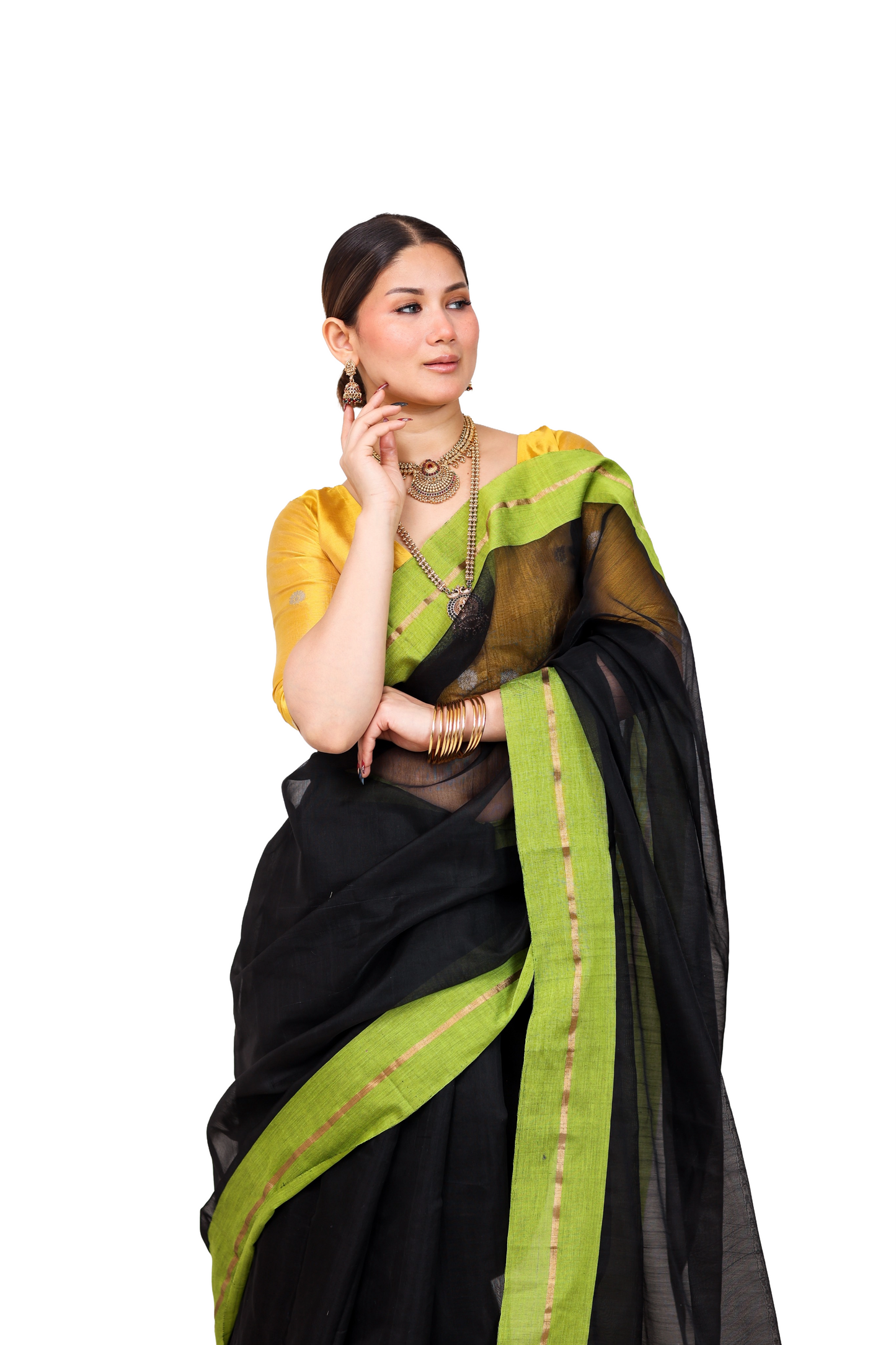 Black pure cotton silk chanderi saree with green border