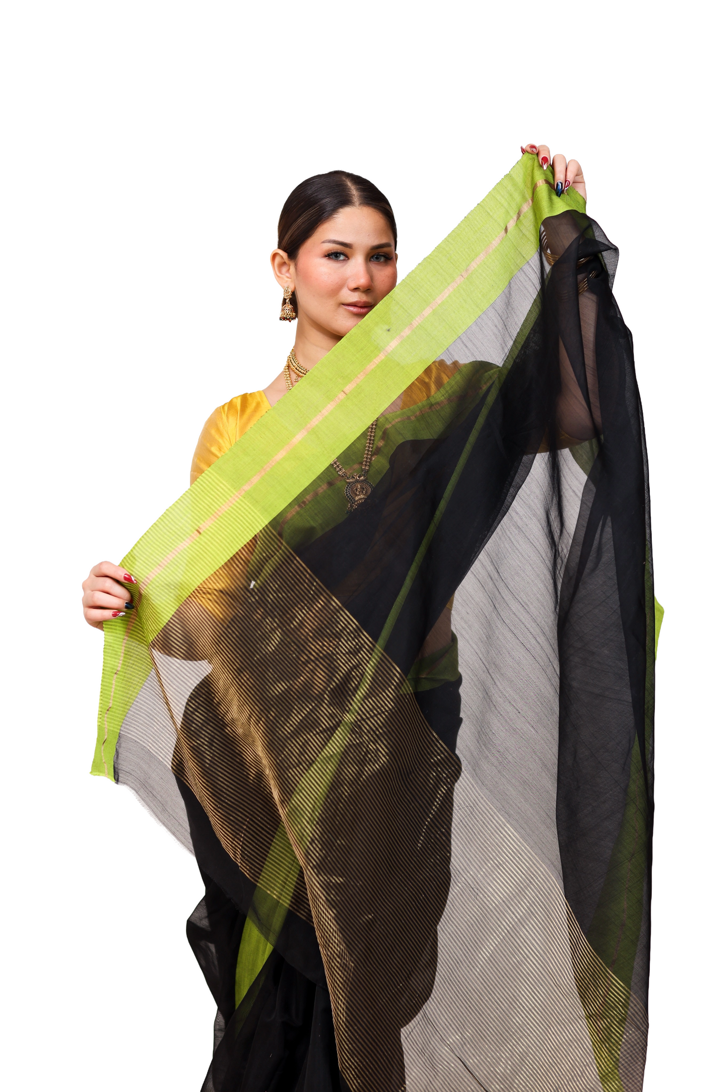 Black pure cotton silk chanderi saree with green border