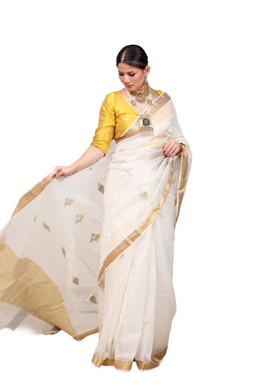 White pure handwoven cotton silk saree with Nikashee woven border and meenakari buti