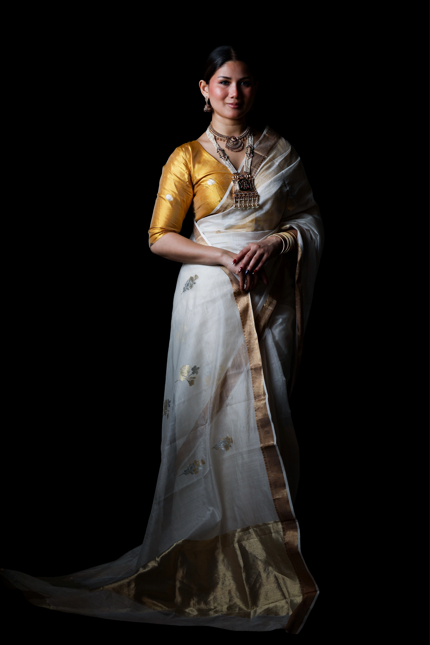 White pure cotton silk chanderi saree with meenakari buti