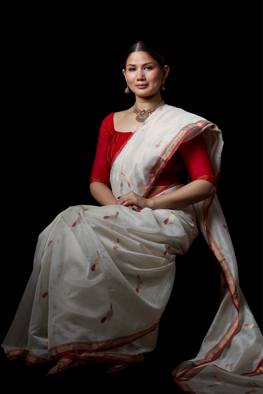 White pure cotton silk chanderi saree with meenakari buti
