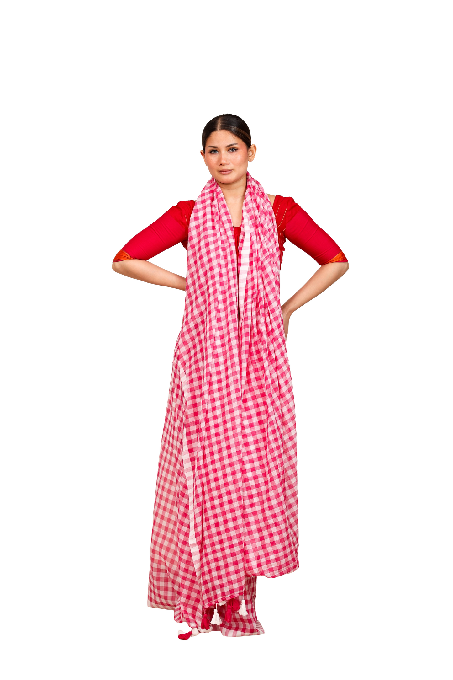 Pink and white checkered  pure cotton saree